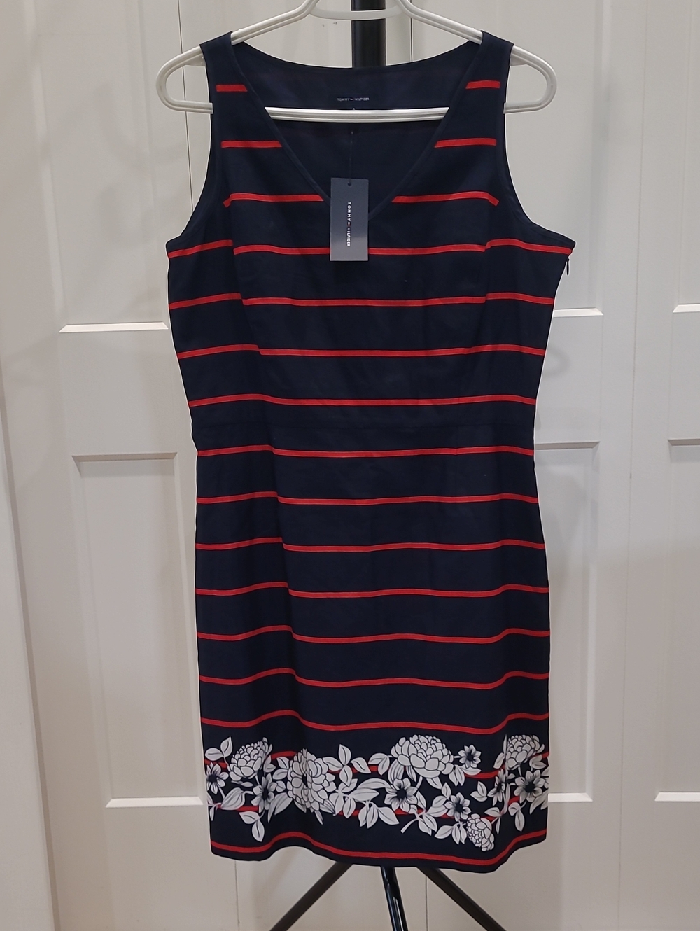 Tommy Hilfiger Navy Dress with Red Stripes and White Floral Hem NWT